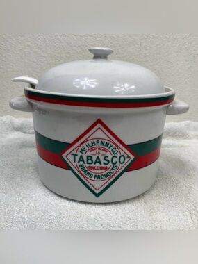 Vintage McIlhenny Co Tabasco Off White Red Green Ceramic Serving Pot With Spoon
